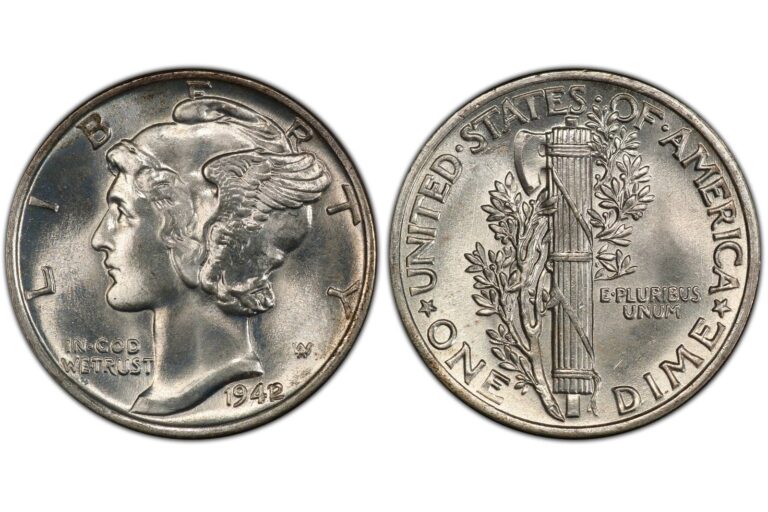 Moneda Mercury Dime de 1942 con error de acuñación, anverso y reverso