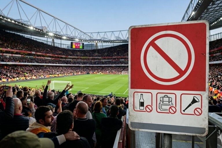 Estadio del Mundial 2026 con aficionados y carteles de prohibiciones de la FIFA