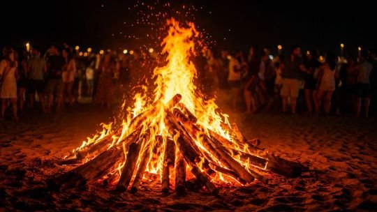 Fogata comunitaria en la Noche de San Juan con personas alrededor del fuego