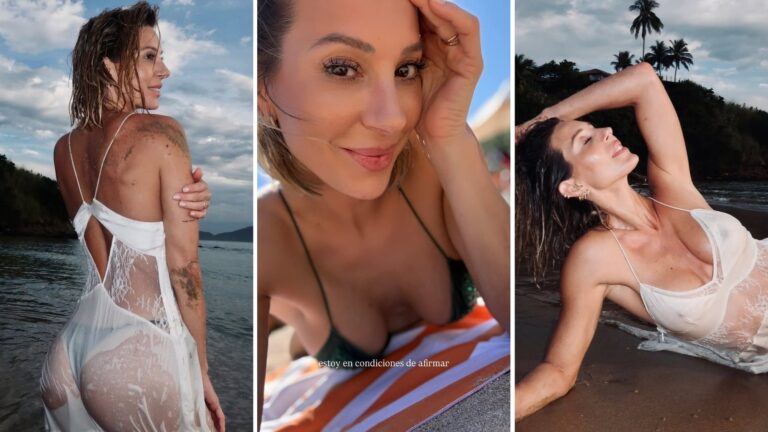 Noelia Marzol en la playa con vestido blanco de encaje