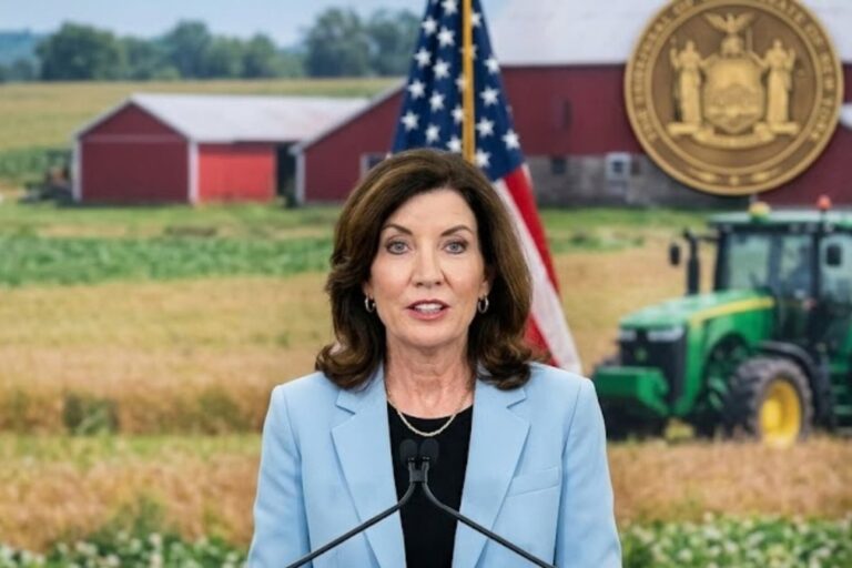 Kathy Hochul en conferencia de prensa anunciando el Programa de Resiliencia Agrícola contra los Aranceles