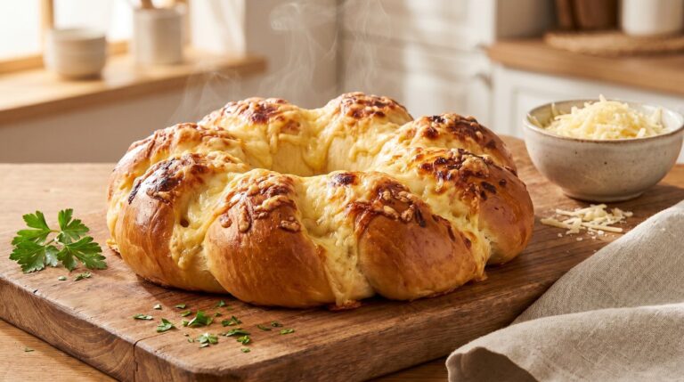 Cremona de queso recién horneada, dorada y con queso gratinado en superficie