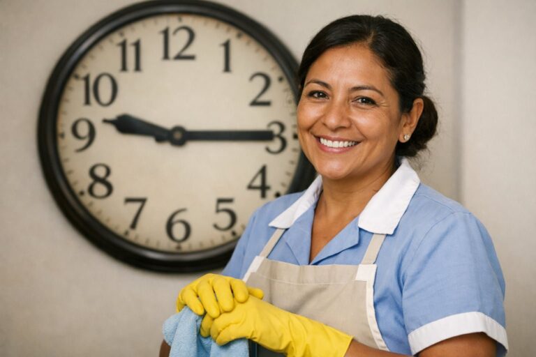 Trabajadora del hogar de planta con uniforme en una cocina
