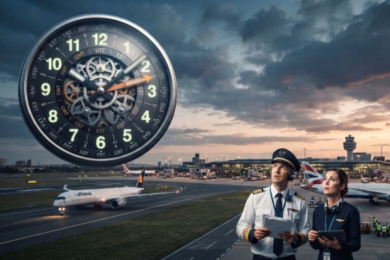 Avión en pista de aeropuerto con reloj de fondo