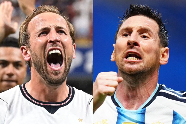 Escudos de las selecciones de Argentina e Inglaterra enfrentados