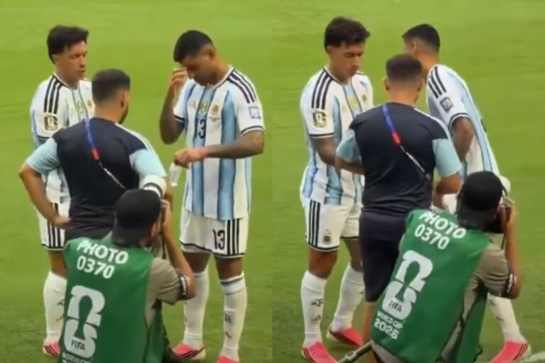 Cristian Romero y Lisandro Martínez se colocan agua bendita antes del partido Argentina vs. Inglaterra