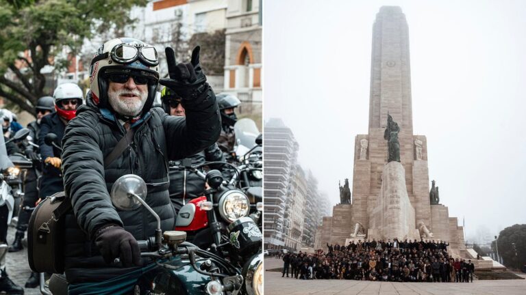 Motociclistas con trajes elegantes y motos clásicas frente al Monumento a la Bandera en Rosario durante el Distinguished Gentleman’s Ride