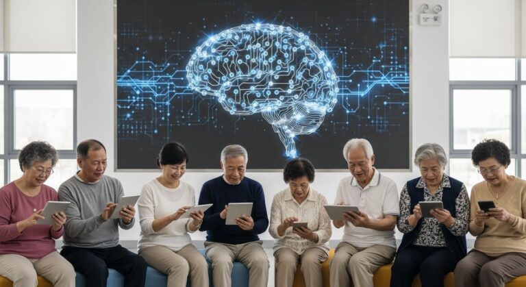 Adulto mayor interactuando con un chatbot social en una pantalla táctil