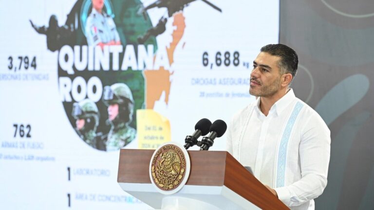 Omar García Harfuch durante conferencia de seguridad en Quintana Roo