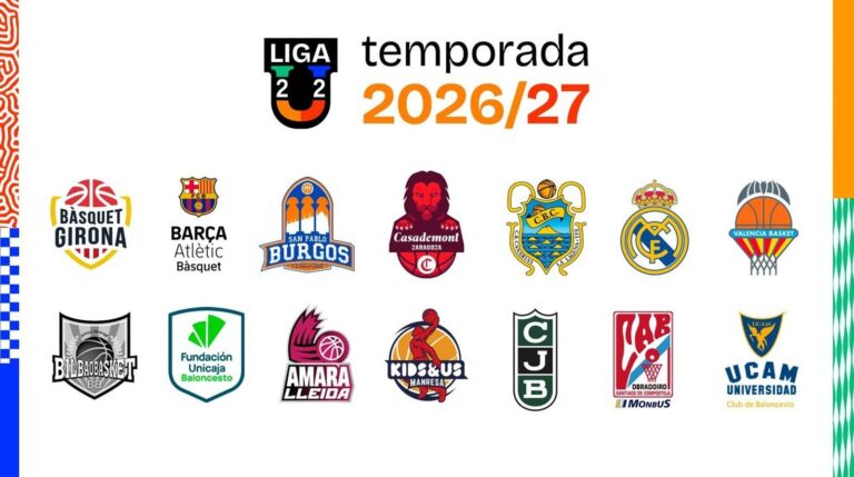 Logotipo de la Liga U sobre fondo de cancha de baloncesto