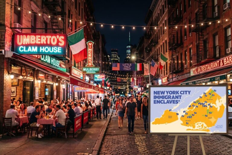Fachada de un edificio en Little Italy, Manhattan, con carteles de restaurantes italianos