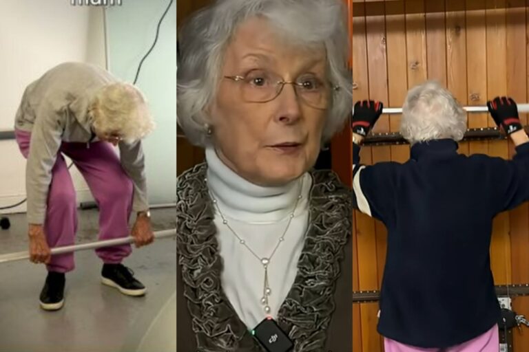 Mujer mayor realizando ejercicios de fuerza con pesas bajo supervisión