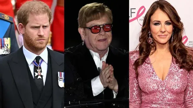 El príncipe Harry, Elton John y Elizabeth Hurley en una audiencia judicial