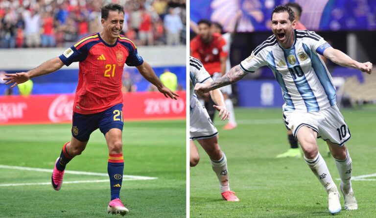 Seleccionados de Argentina y España disputando un partido de fútbol