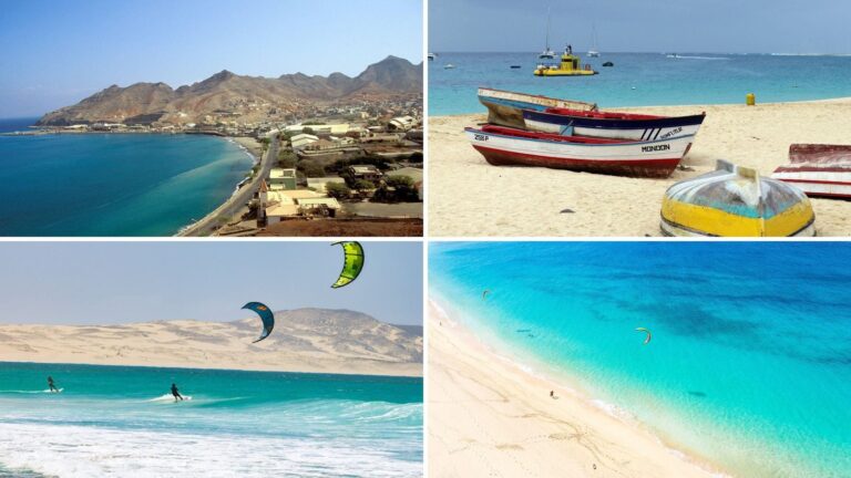 Playa de arena fina en Cabo Verde con aguas turquesas y horizonte despejado