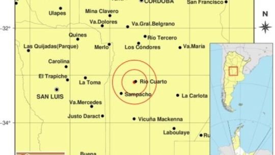 Mapa del epicentro del sismo en Córdoba, según datos del Inpres