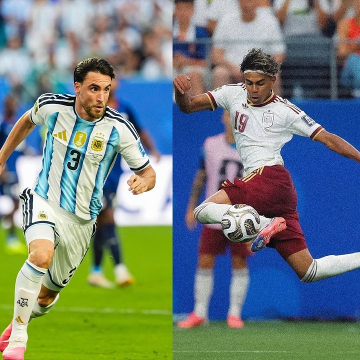 Nicolás Tagliafico marcando a Lamine Yamal en un partido de fútbol