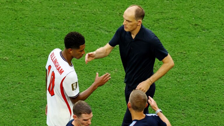 Jude Bellingham y Thomas Tuchel en el campo de juego tras el partido contra Noruega