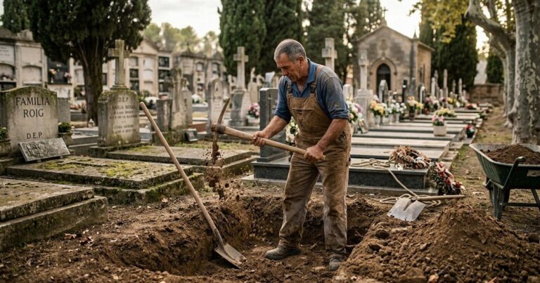Sepulturero preparando un nicho en un cementerio