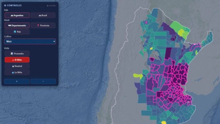 Mapa interactivo de AgroENSO mostrando la señal climática en rendimientos de maíz