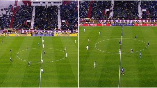 Jugadores de Boca en el centro de la cancha durante el saque inicial