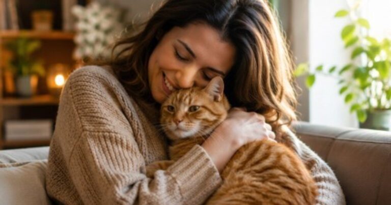 Gato atigrado recostado sobre una persona