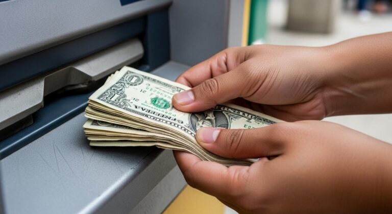 Cajero automático dispensando billetes de dólar en Nicaragua