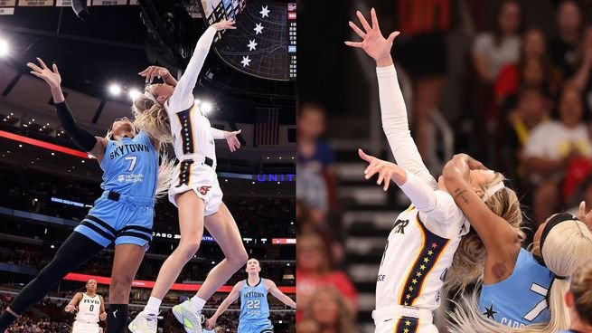 DiJonai Carrington y Sophie Cunningham durante el partido entre Indiana Fever y Chicago Sky