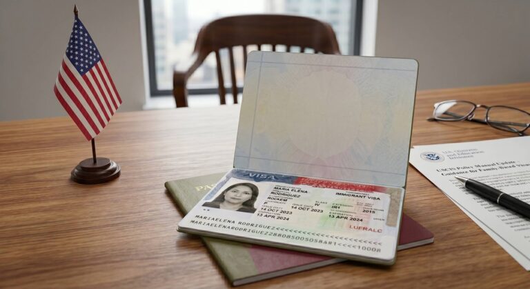 Pasaporte y visa estadounidense sobre una mesa