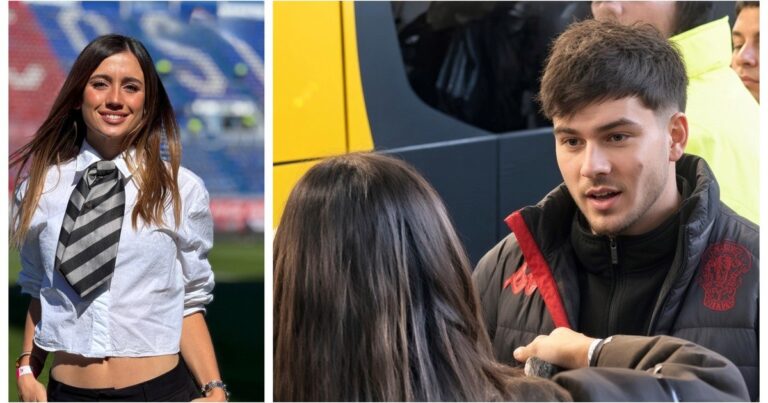Lucas Blondel y Morena Beltrán conversando a la salida del estadio