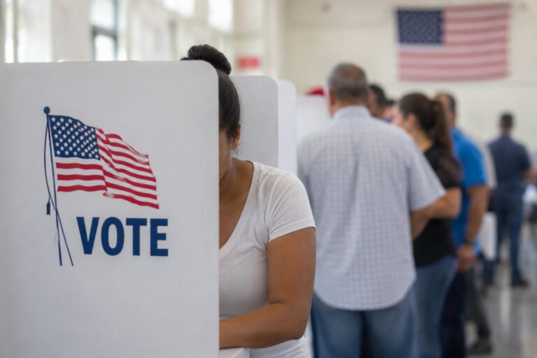 Urna electoral y bandera de Florida en un centro de votación