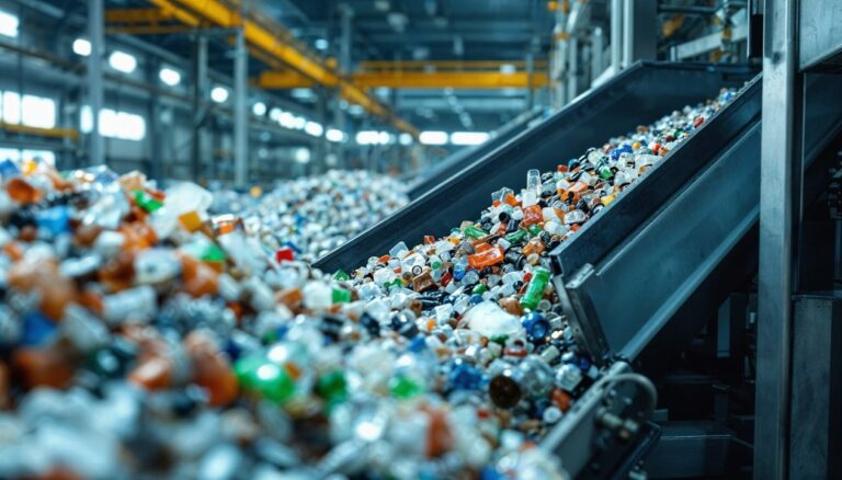 Fardos de plásticos reciclados en una planta de procesamiento en Argentina
