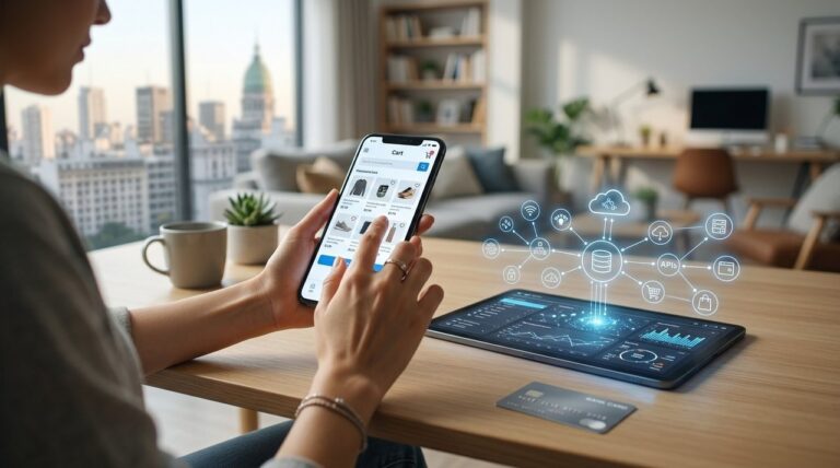 Persona usando redes sociales en un teléfono móvil mientras compra en línea