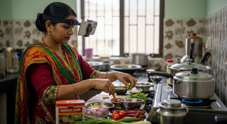 Persona en India con cámara en la cabeza grabando una tarea doméstica