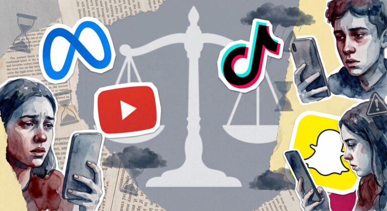Ilustración de redes sociales en dispositivos móviles con menores