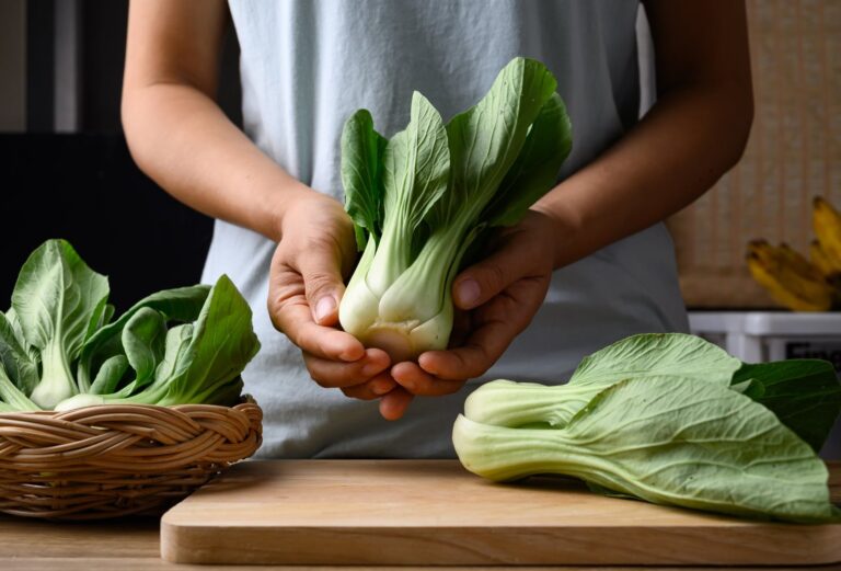 Pak choi fresco con tallos carnosos y hojas verdes
